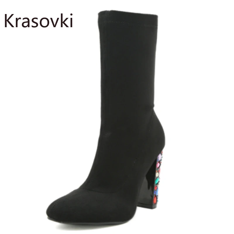 

Krasovki 9.5cm Faux Suede Gladiator High Brand Synthetic Platform Bling Gothic Summer Women Punk Mid Calf Ankle Booties Shoes