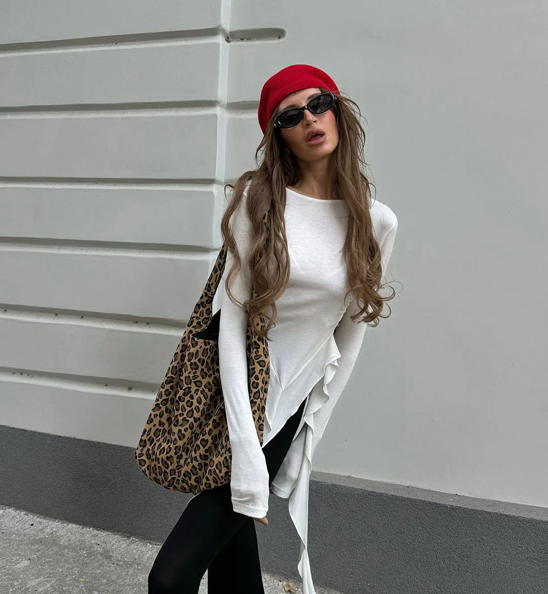 White Knit Slim T-shirt Pullover Female Ruffled Patchwork See-Through Long Sleeve Y2k Sexy Inner Top Women's Knitwear Tee
