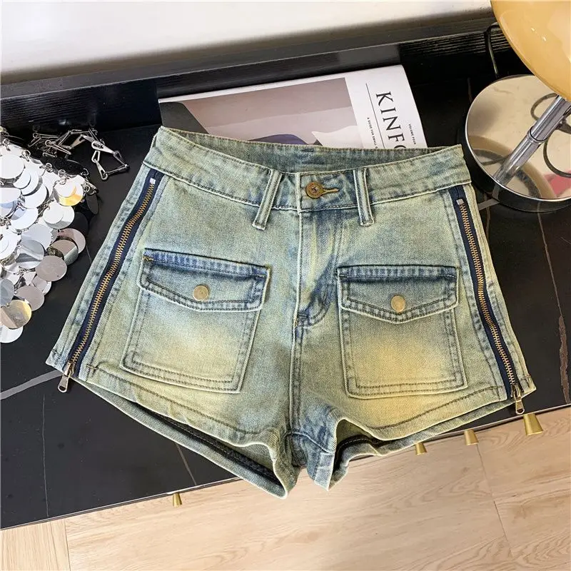 Denim Shorts With Zipper Pockets High-Waisted American Hot Pants 2024 Summer New Style Slimming Wide-Legged A-Line Hot Pants