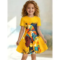 Robe T-shirt imprimée style africain pour fille, robe décontractée jaune de style ethnique pour enfant, idéale pour un cadeau d'anniversaire, ensemble décontracté 1