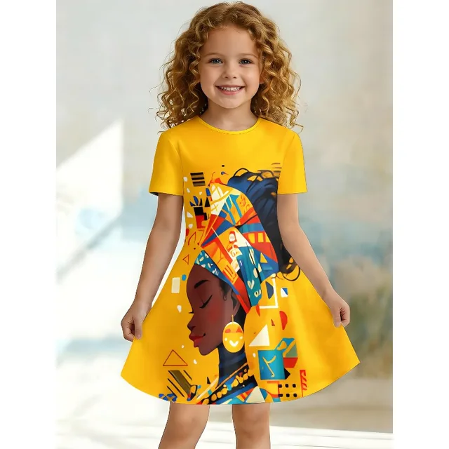 Robe T-shirt imprimée style africain pour fille, robe décontractée jaune de style ethnique pour enfant, idéale pour un cadeau d'anniversaire, ensemble décontracté 1