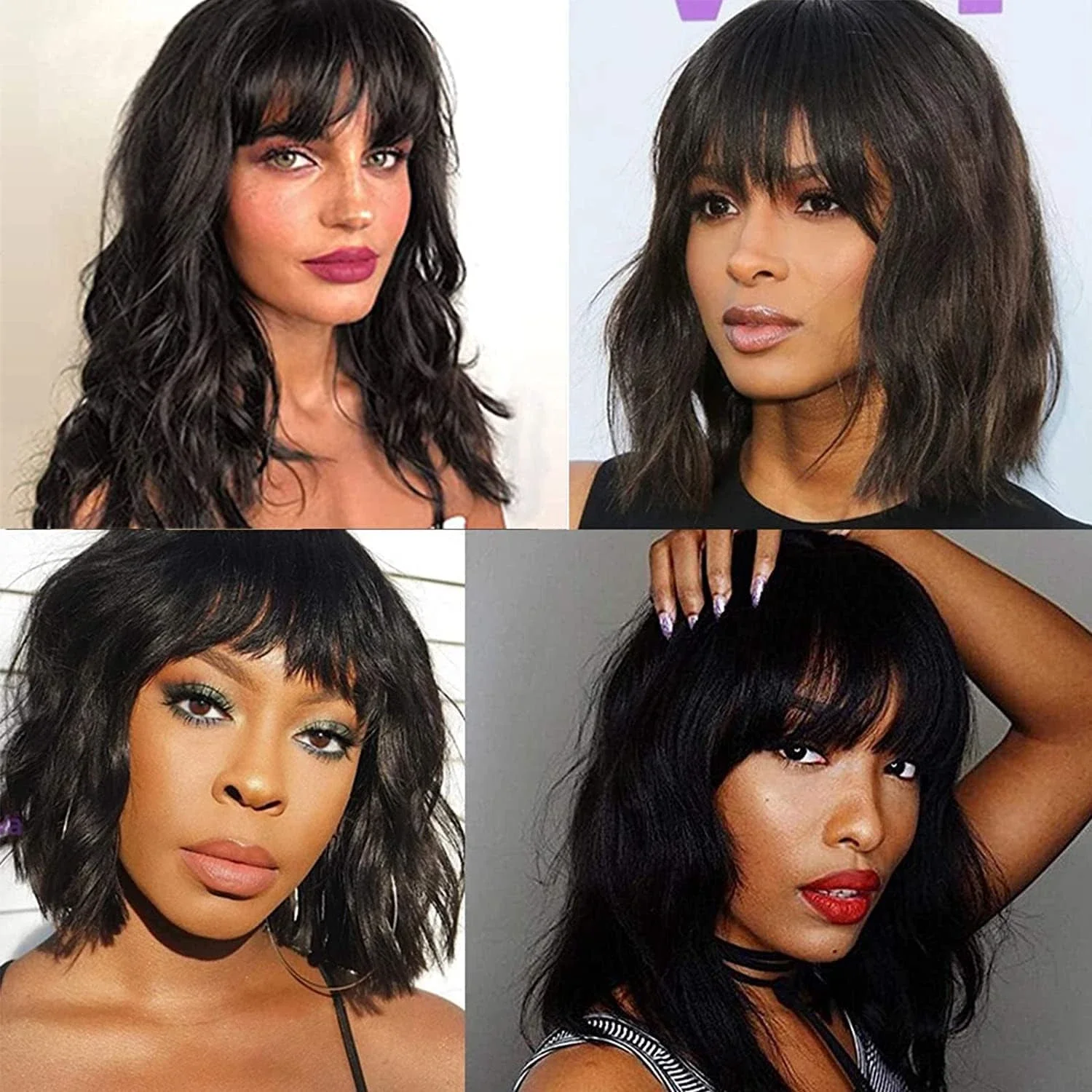 Body Wave Short Bob Human Hair Wig With Bangs Full Machine Made Glueless For Black Women Brazilian Water Wave Bob Wig With Bangs