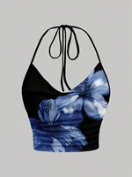 Haut à licou imprimé Tie-dye pour femmes, vêtements d'été Y2K, Sexy, dos nu, drapé, col en v, haut court, Streetwear 1