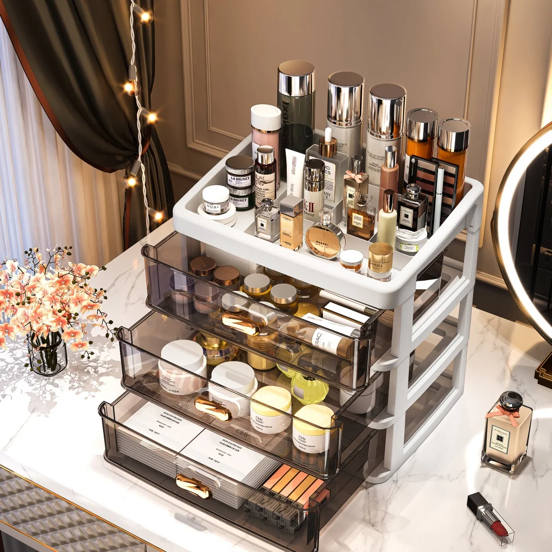 4-Tier Makeup Organizer with Drawers, Large Capacity Dustproof Cosmetic Storage Box , Nordic Style PP Material Desktop Organizer 5