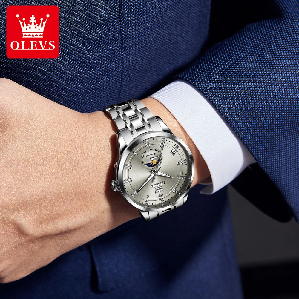 OLEVS Orologio Automatico Uomo Oro - Meccanico A Carica Automatica - Fase Lunare E Calendario Completo - Impermeabile 30 ATM