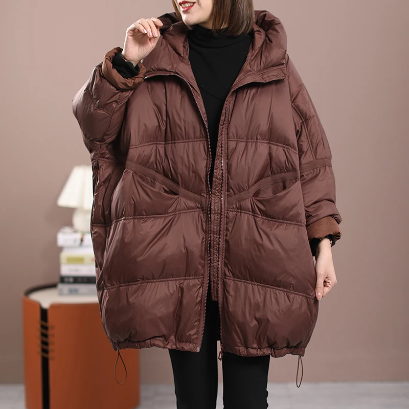 Lagabogy 2024 New Winter Women White Duck Down Loose Jacket With Hood Female Thick Warm Outwear Casual Over Size Patchwork Coats 3