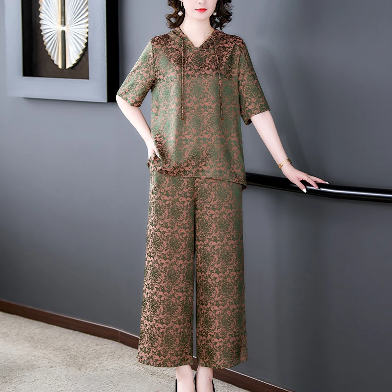 Autumn Coffe Long Sleeve Floral Top Coats+Black Jacquard Silk Wide Leg Pants Two Piece Sets Women Korean Vintage Prom Suits