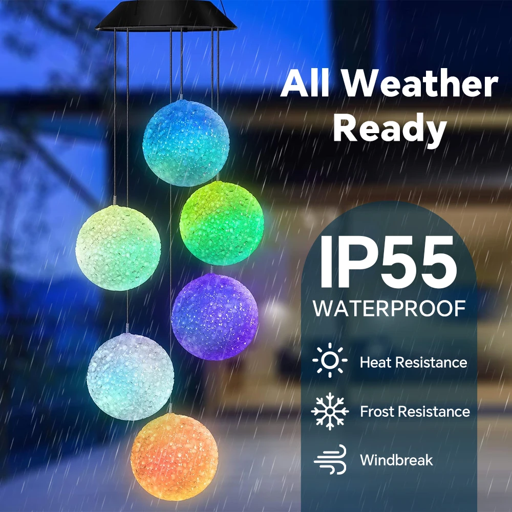 LED Solar Crystal Ball Wind Chime Outdoor, Waterproof Hanging Wind Chime with Auto Changing Color for Patio, Yard & Garden Decor