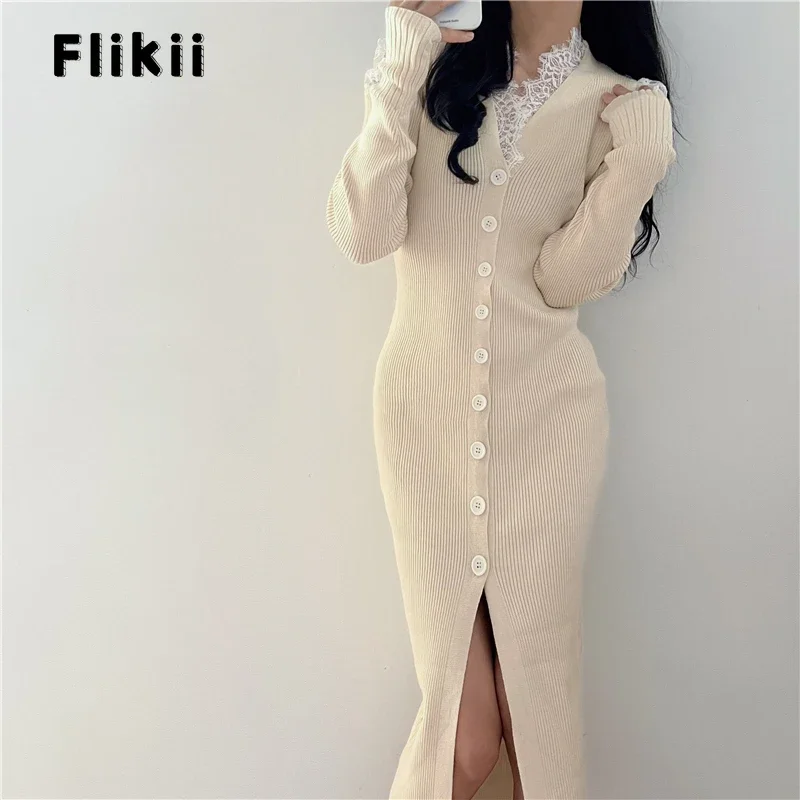 

Vintage Sweet Sexy Long Sleeve Lace Slim Fit Knitting Midi Dresses 2023 Winter Women Elegant Casual V-neck Evening Warm Dress