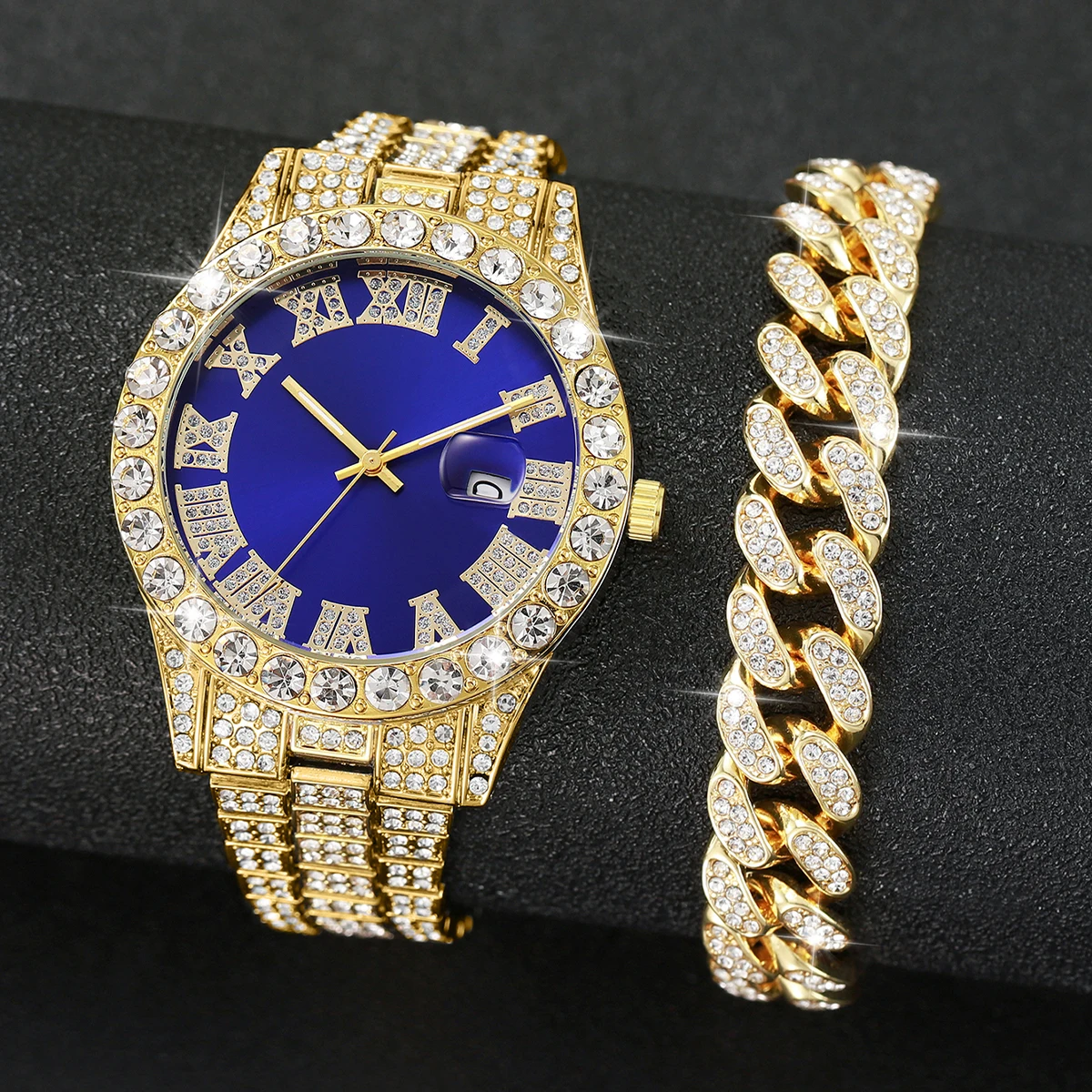 2PCS Luxury Rhinestone Men Watches Fashion Stainless Steel Band Male's Analog Quartz Watch Bracelet Set Relogios Masculino 4