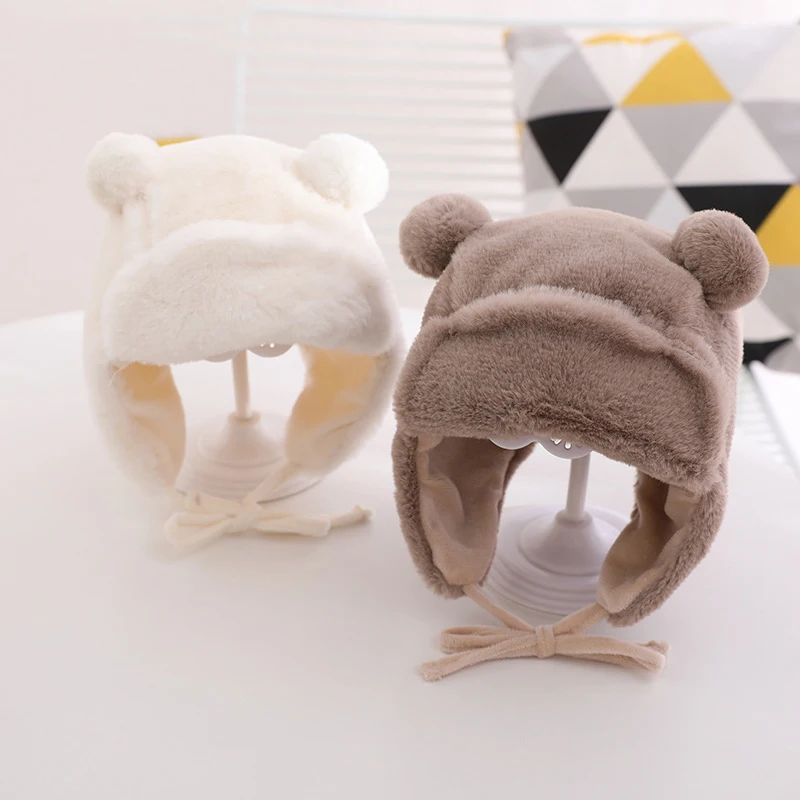 Cute Bear Baby Ear Protection Beanies Infant Plush Earflaps Cap Soft Furry Winter Warm Hat Kids Girl Boy Soild Bonnet Fit 8M-3Y