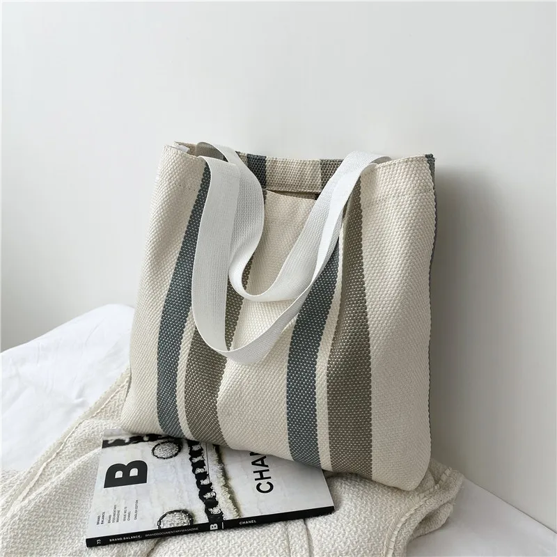 Simple Retro Handbag Small Fresh Striped Canvas Bags for Women 2022 Casual Literature and Art Large-capacity Shoulder Bag Female 