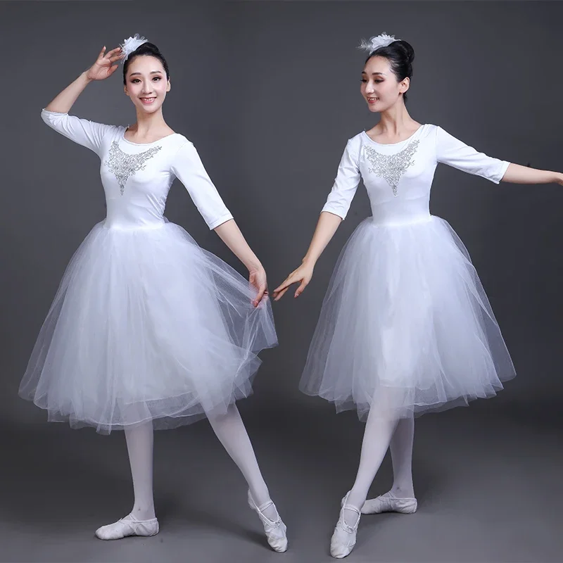 

2019 Adult Romantic Ballet Tutu Rehearsal Practice Skirt Swan Costume for Women Long Tulle Dress White color Ballet Wear