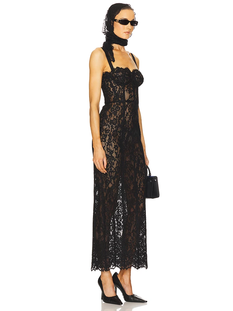 VC 2026 Elegant Black Lace Spaghetti-Strap Maxi Dress for Sophisticated Occasions Party Evening Gown