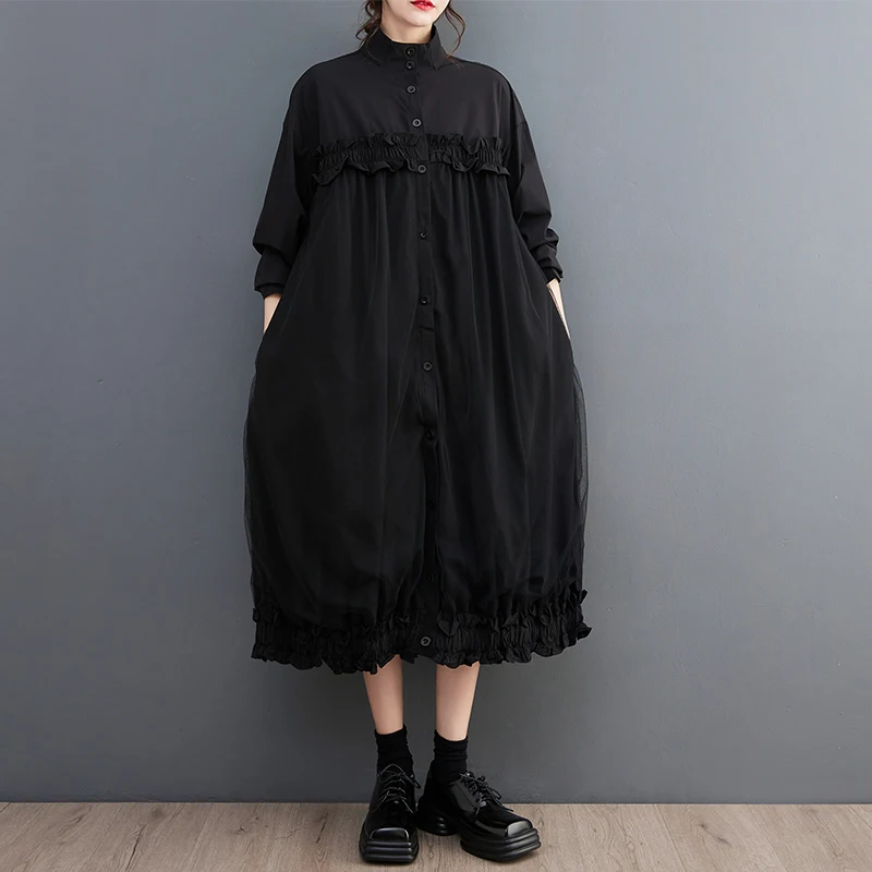 

Japan Dark Black Style Mesh Patchwork Edible Tree Fungus Sweet Girl's Chic Spring Blouse Dress Fashion Women Autumn Casual Dress