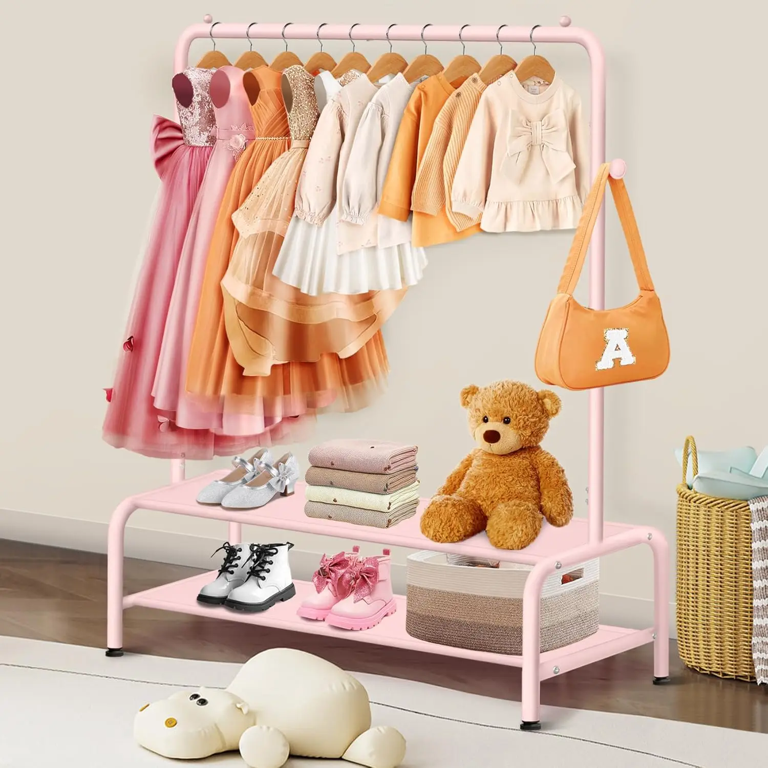 Dress Up Rack for Little Girls - Small Kids Costume Wardrobe Rack with 2 Fabric Shelves - Princess Room Bedroom Decor 5