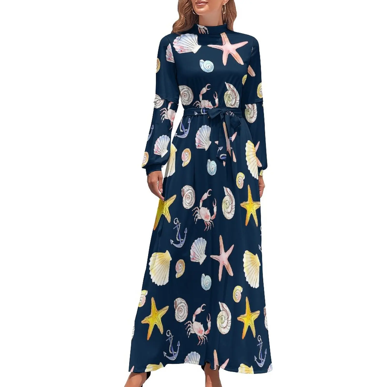 

Sea Shells Dress Marine Life Print Elegant Maxi Dress Korean Fashion Bohemia Long Dresses High Neck Design Vestido