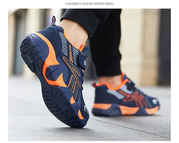 Boys Leather Sneakers - Kids Running Shoes With Rubber Outsole & Hook And Loop Closure