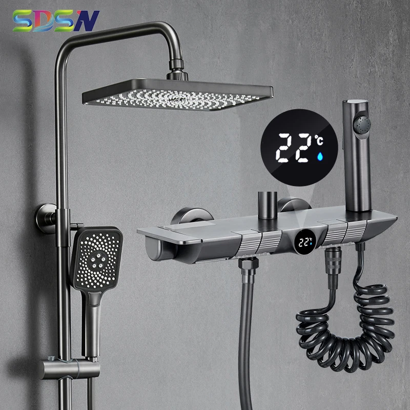 

Digital Piano Shower System Suit Quality Brass Bathtub Mixer Faucets Tap Rainfall Shower Head Grey Thermostatic Piano Shower Set