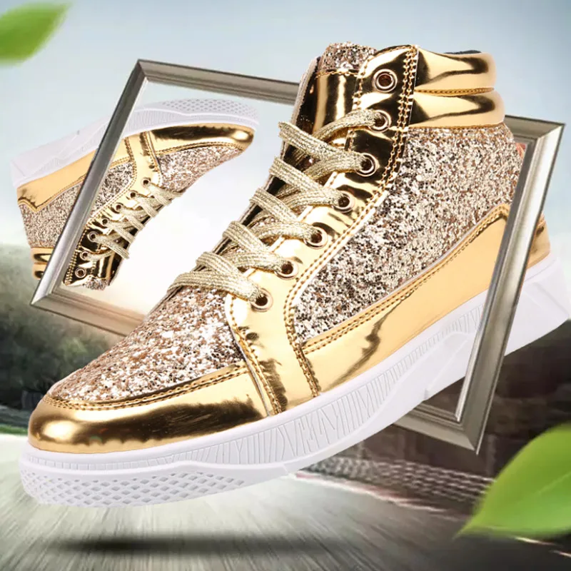 

Luxury Golden Shiny Mirrors Mens Shoes Casual Size48 Club Bar Glitter Streetwear Hip hop High top Men Sneakers zapatos de hombre
