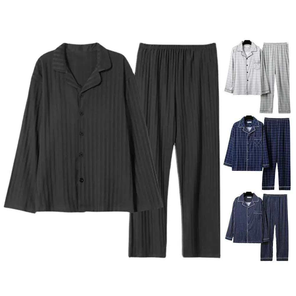 Soft Men Homewear Suit Striped Plaid Print Men's Fall Winter Pajamas Set with Color Matching Lapel Single-breasted Long Sleeve