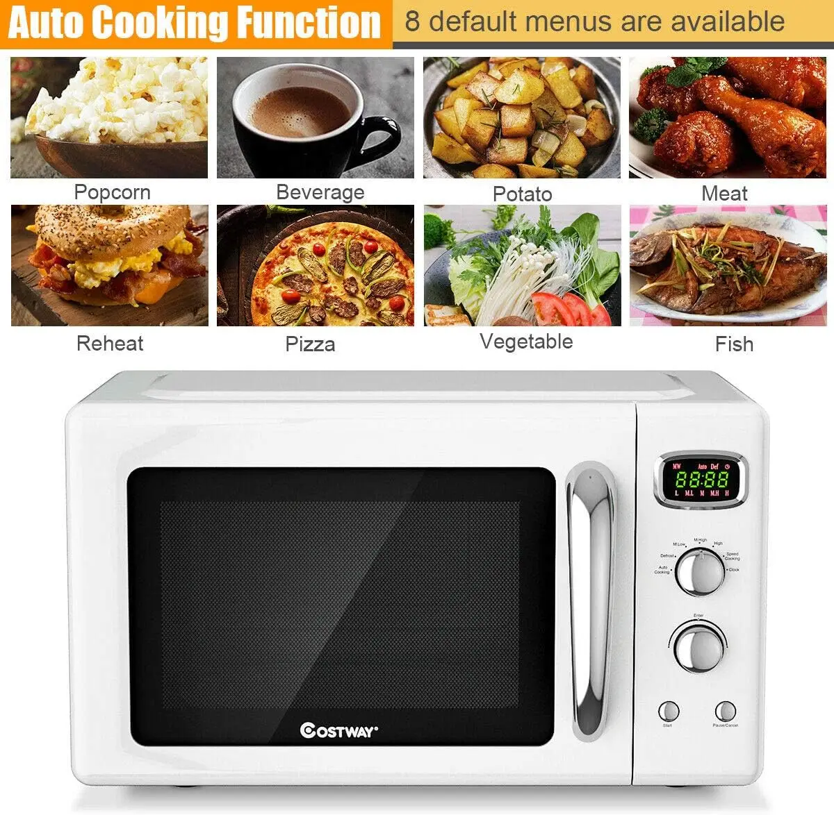 Retro Countertop Microwave Oven, 0.9Cu.ft, 900W Microwave Oven, with 5 Micro Power, Defrost & Auto Cooking Function, LED Display 4