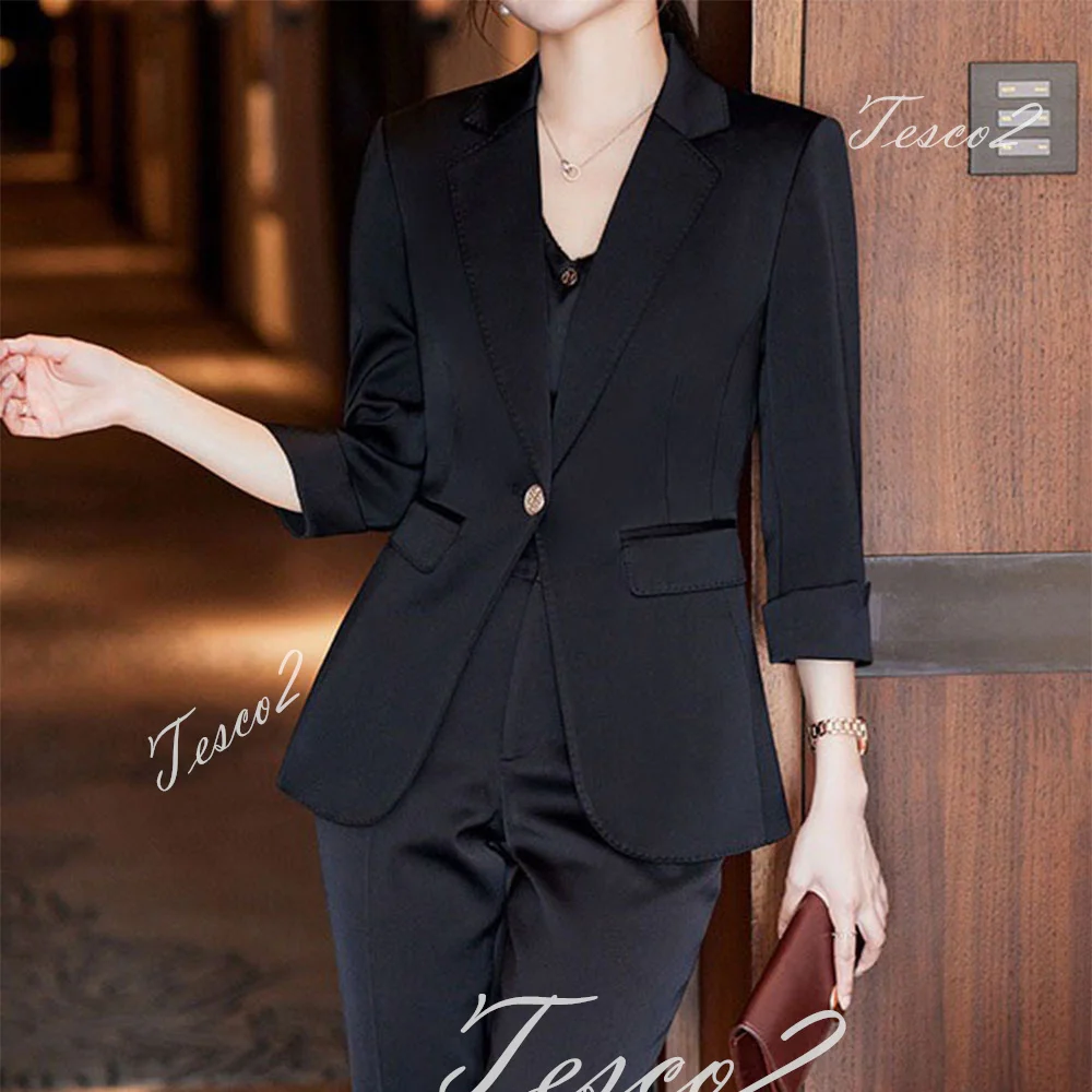 Tesco Women Suit Sets For Summer Three Quarter sleeve Blazer Satin Pantsuit For Business Formal Women Jacket 2 Piece ropa mujer