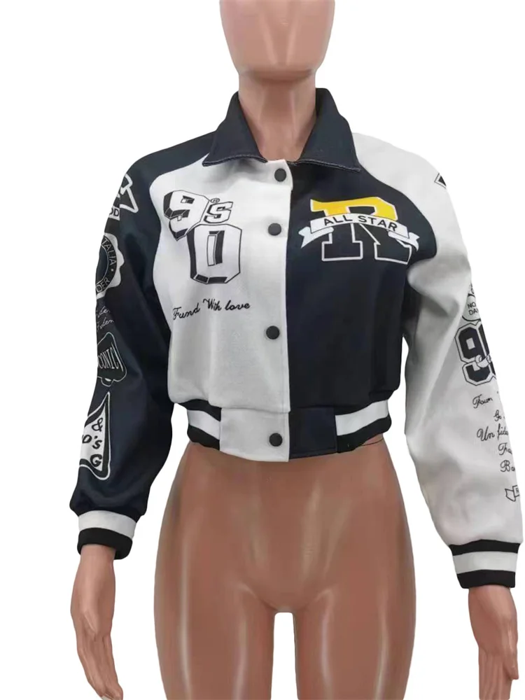 Women's Cropped Bomber Jacket - Long Sleeve Button Down Varsity Style Shacket For Fall & Winter