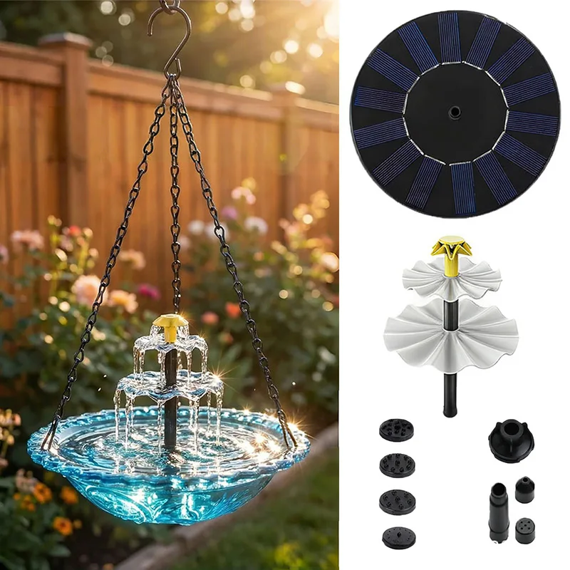 Outdoor Hanging Solar Bird Bath Fountain, 3-Tier Water Feature with Feeder Tray for Hummingbirds, Garden Pond Decor 2