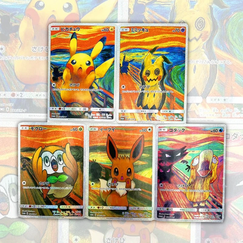 

5Pcs/set Pokemon Pikachu Psyduck Shout Flash Card Japanese Letters Mimikyu Eevee Anime Game Hobbies Collection Toys Art Gift