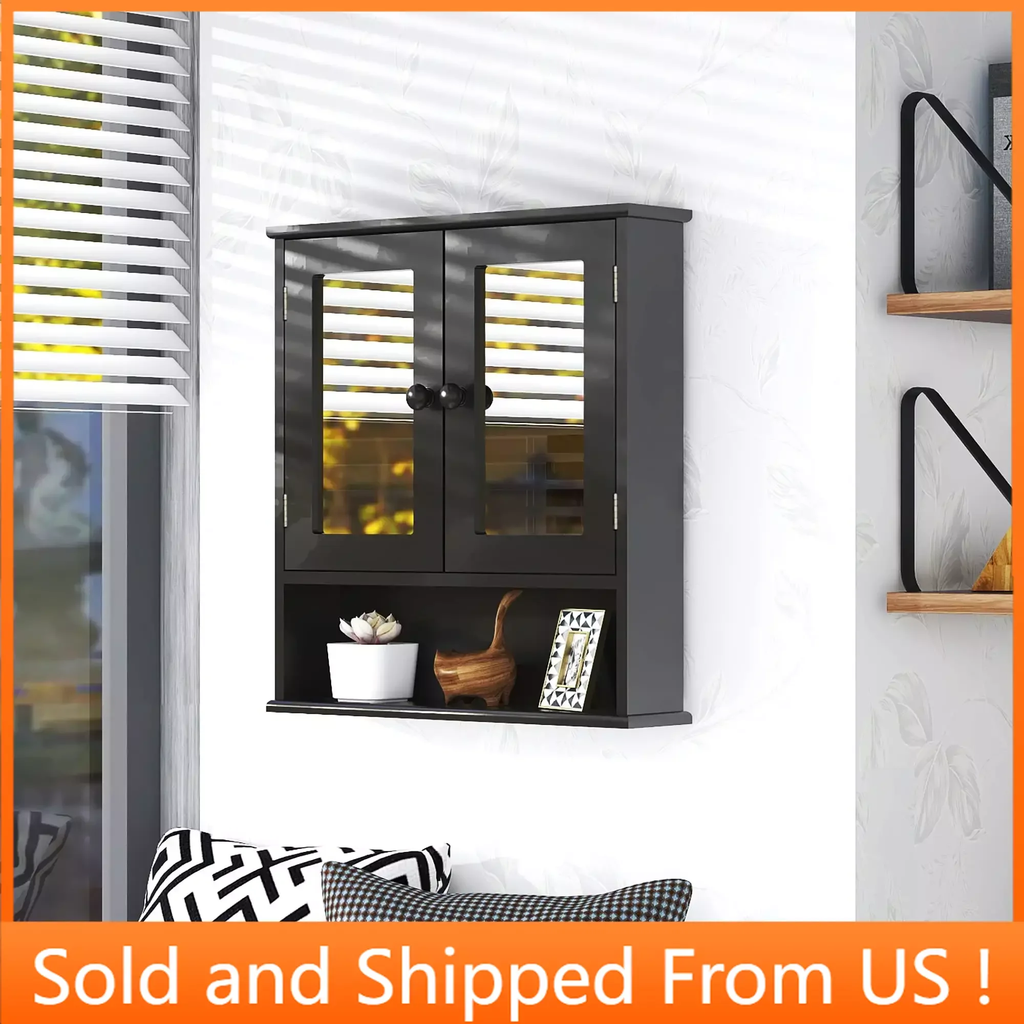 

Medicine Cabinet - Wall Mounted with Mirror, 2 Doors, 3 Open Shelves, Black