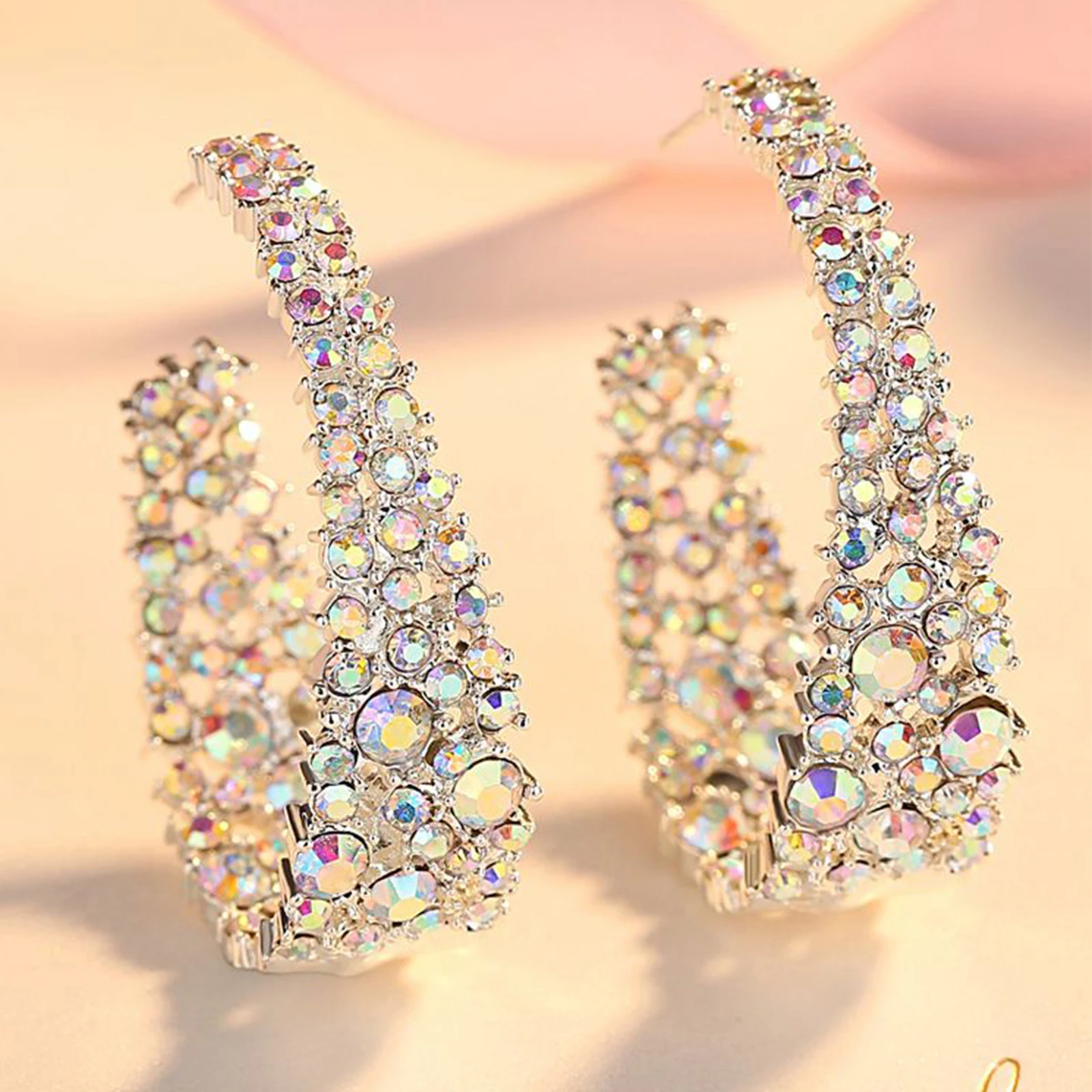 

Sterling Silver Post Dangle Drop Earrings Hoop Earrings for Women Bohemian AB Rhinestone Statement Earrings Boho Fashion Gifts