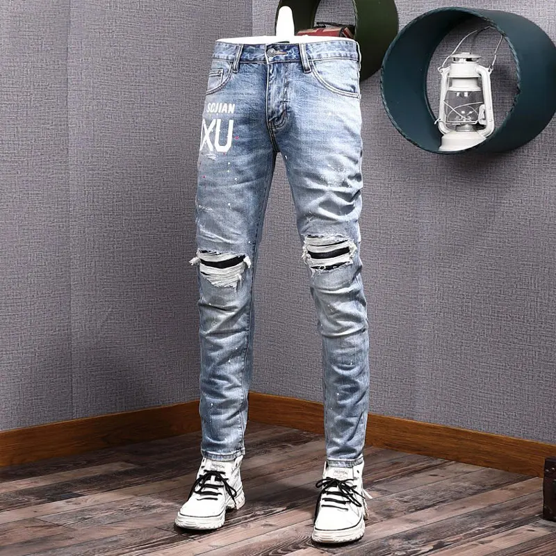 Street Fashion Men Jeans Retro Light Blue Stretch Slim Fit Printed Ripped Jeans Men Painted Patched Designer Hip Hop Denim Pants