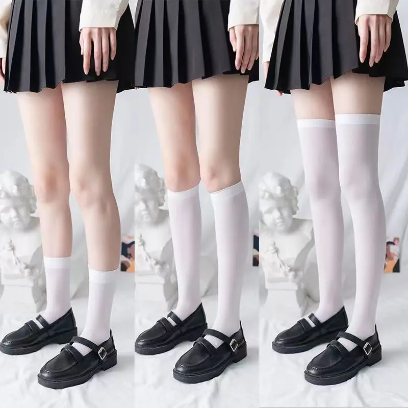 여성용 단색 양말, 블랙 화이트 허벅지 높이 양말, 귀여운 로리타 스위트, 얇은 긴 다리, 섹시한 스타킹