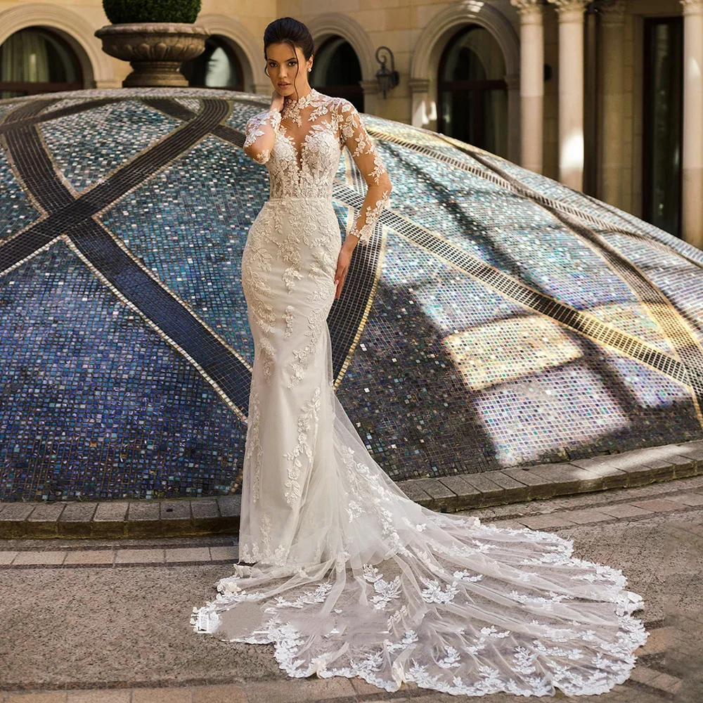fitted lace wedding dress Gorgeous Mermaid V-neck Lace Long Wedding Dresses,Sparkly Slit Wedding  Dresses with Train,MW476 main image 0