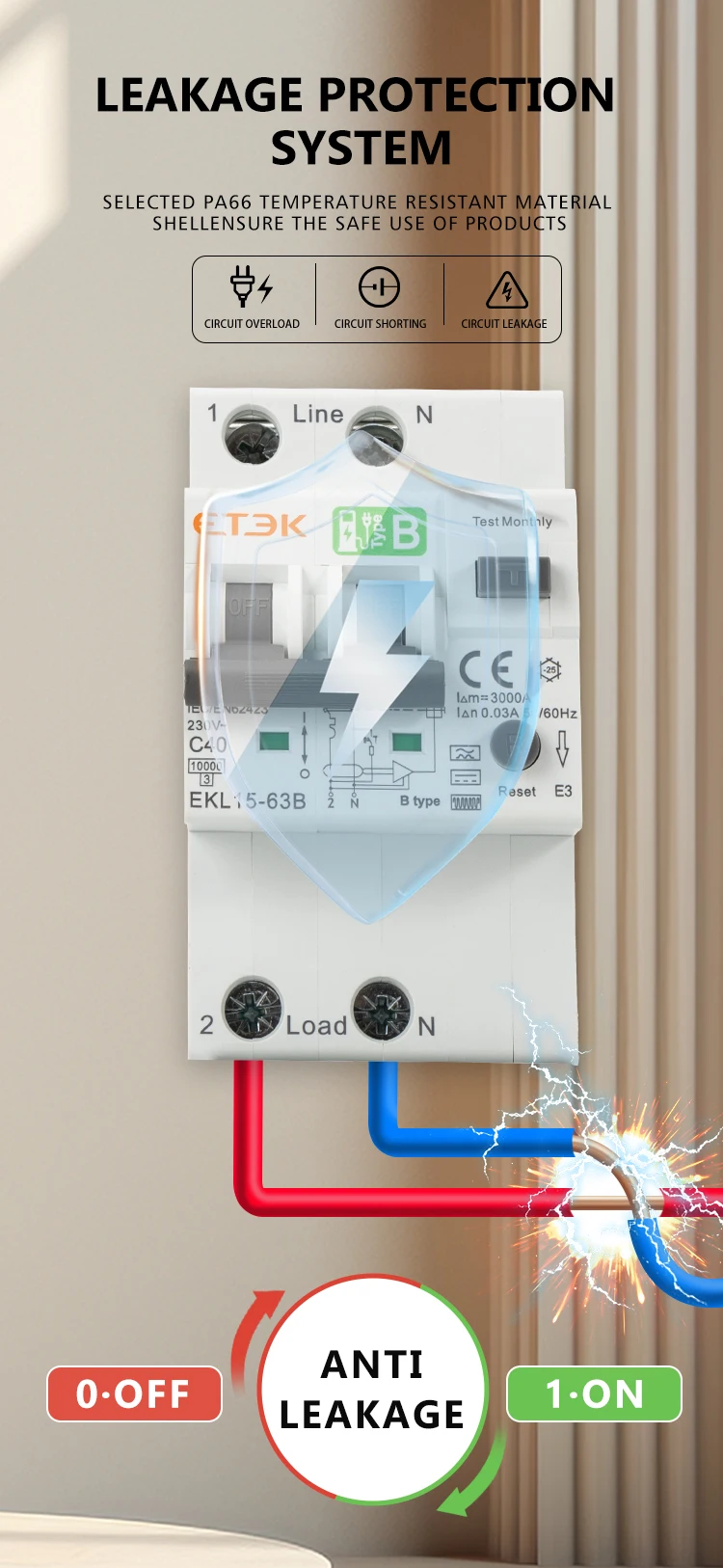 ETEC RCD 30mA Low Voltage B Type 40A Over Current And Leakage Protection RCBO 10