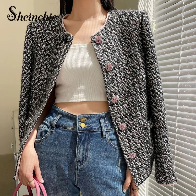

39% Wool Coat Women Luxury High Quality Sequined O-neck Short Tweed Jacket Winter Clothes Abrigos Mujer Invierno 2023 Rebajas