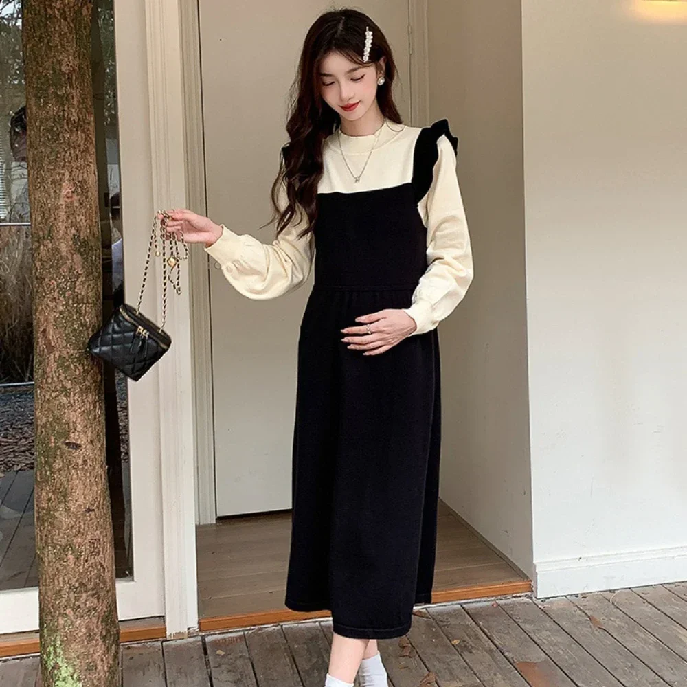 Maternity Dress Autumn Winter Long Sleeve Stitching Fake Two Pieces Clothes  for Pregnant Women Knitted Pregnancy Dresses - AliExpress
