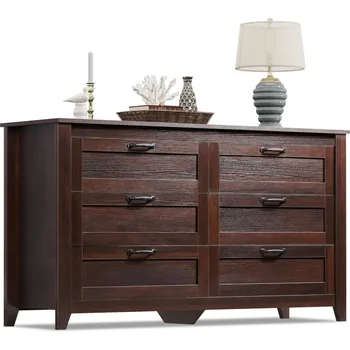 WLIVE Wood Dresser for Bedroom, Double 6 Drawer Dresser with Metal Handle, Large Wooden Chest of Drawers for Living Room, Hallwa