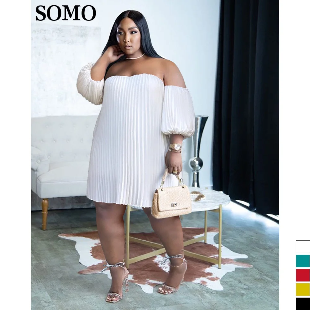 

SOMO Pleated Summer Dress Womens 2023 Fashion Lantern Sleeve Chiffon Plus Size Dresses Sexy Off Shoulder Wholesale Dropshipping