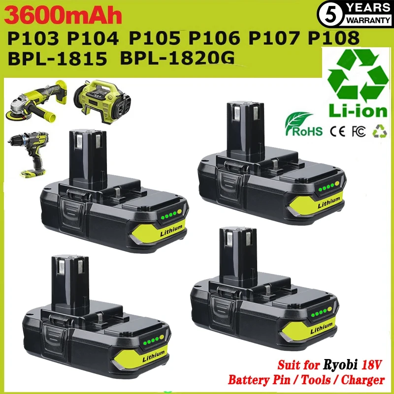 1/2/4PCS 3.6Ah P102 Replace for Ryobi 18V Li-on Battery Pin P104 P107 P108 P109 Compatible with 18Volt Cordless Power Tools