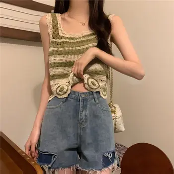 Fashion Retro Crop Top Knitted Crochet Sleeveless Vest Elegant Embroidery Pattern Camisoles Bohemia