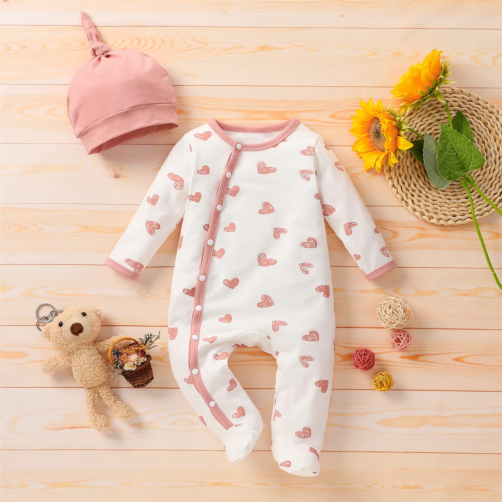 PatPat 2pcs Jumpsuit Baby Girl Clothes 95% Cotton Autumn Infant Newborn Romper Long-sleeve Cute Footed with Hat Set for Babies