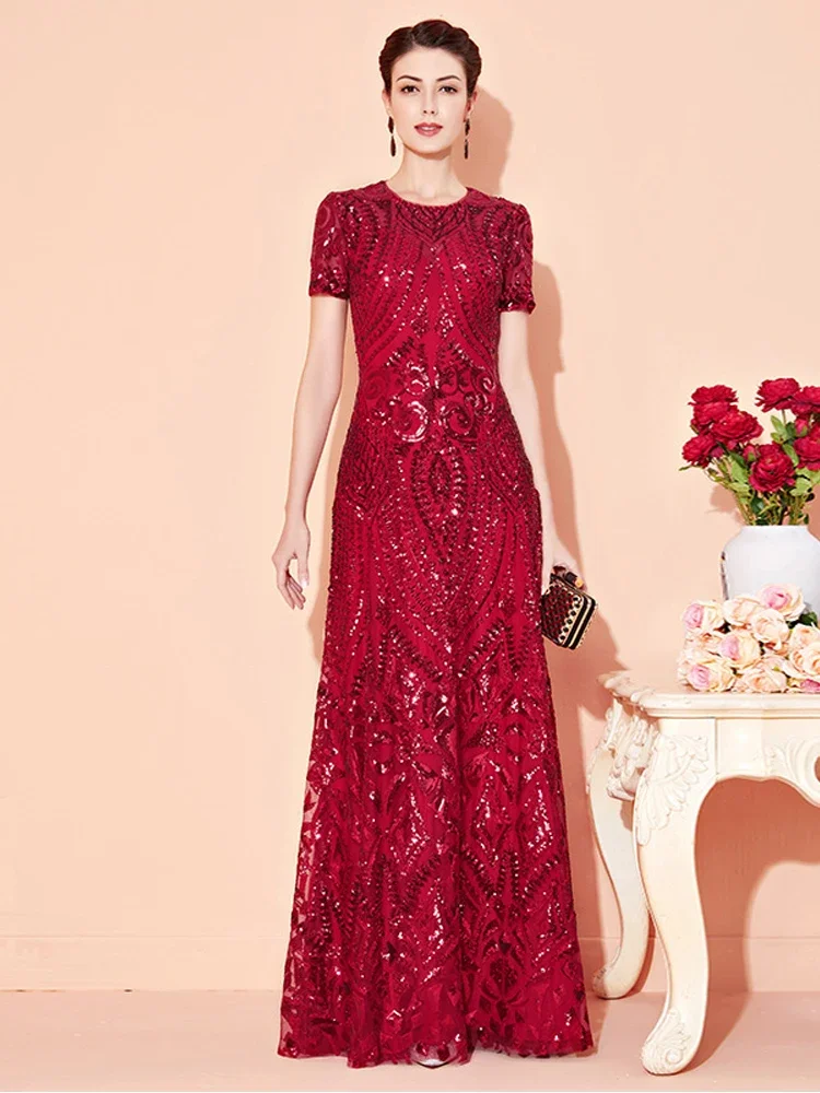 A-Line Wine Red Mother Of Bride Dresses Long Modest Floor-Length O-Neck Sequin Wedding Party Dresses