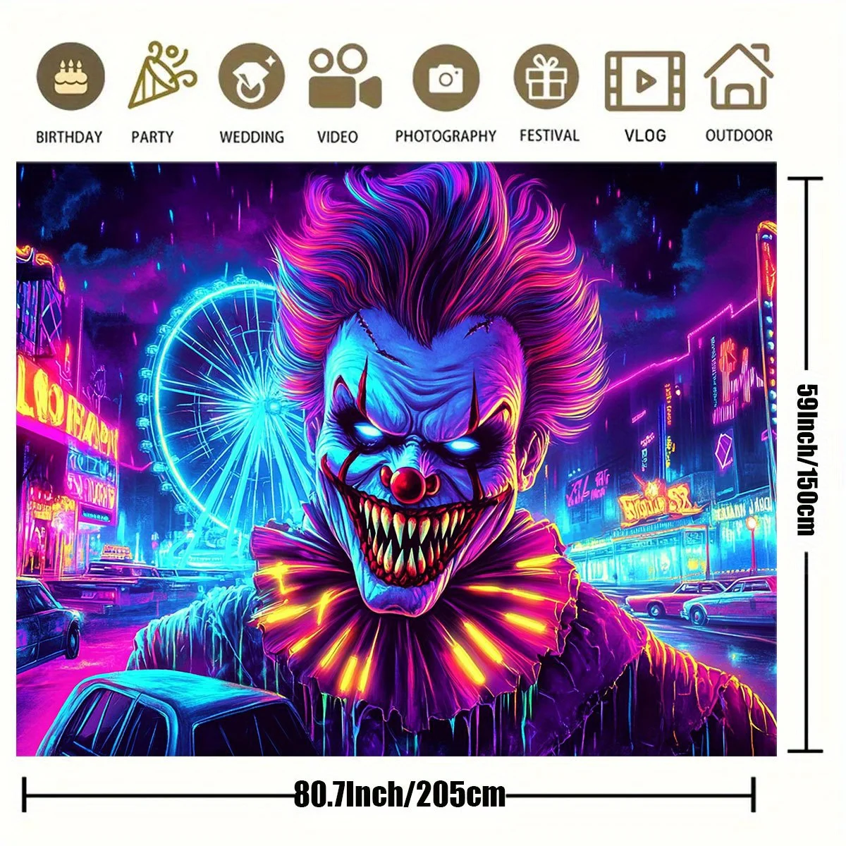 Ein lebendiger Punk-Clown-Karnevalshintergrund – eine Neon-Nachtansicht mit Riesenrad und Vintage-Autos – Detail 3