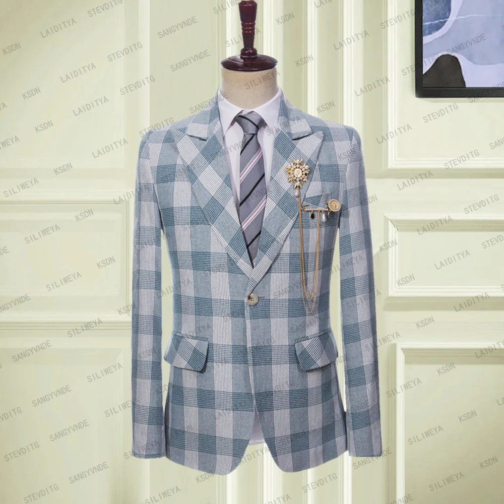 

Blazer Men Suit Retro Pattern Light Blue Peaked Lapel Single Breasted One Pcs Jacket Linen Spring Leisure Coat Veste Homme Luxe