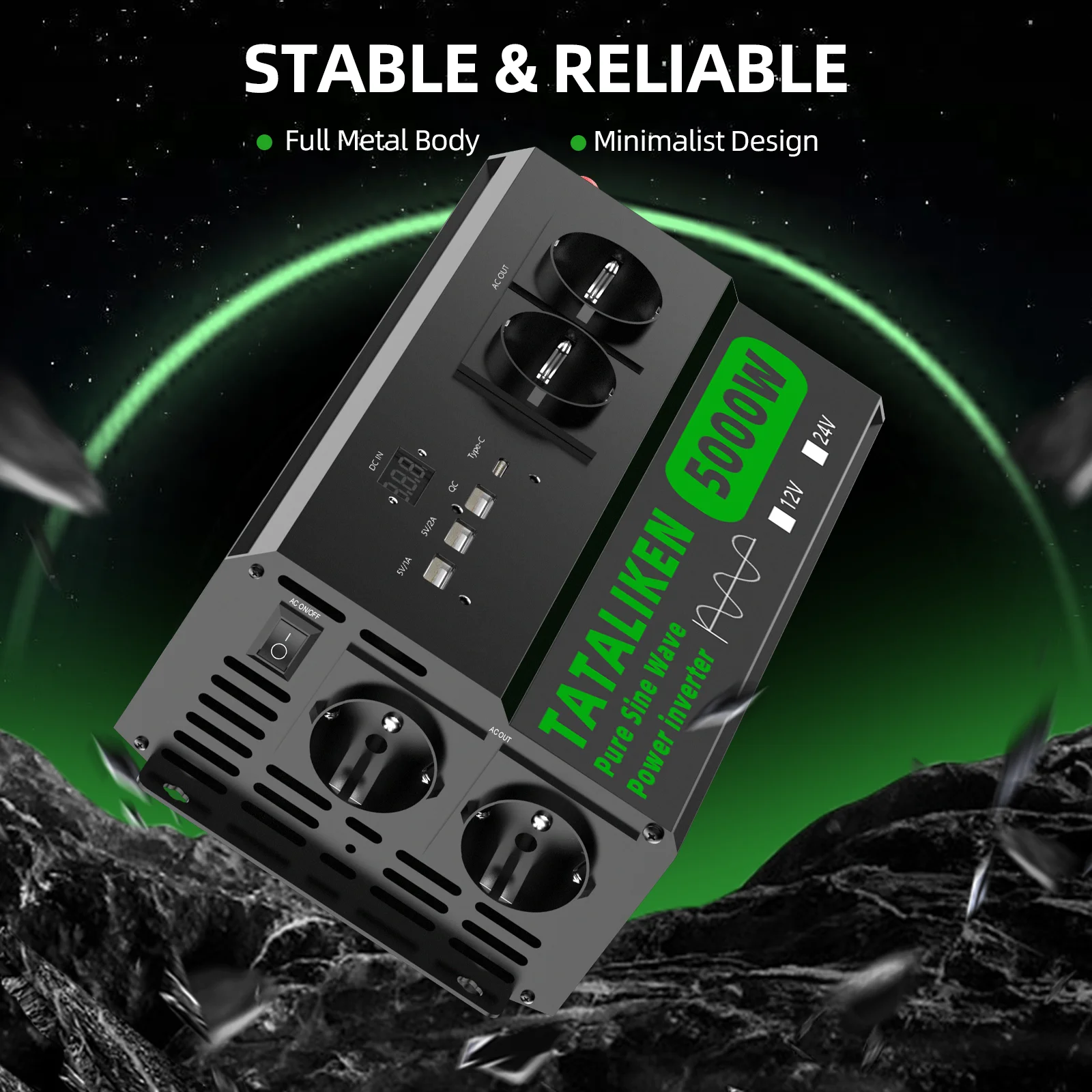USB, TYPE-C 및 EU 소켓 순수 정현파 인버터 DC 12V to AC 220V 50HZ 전압 변환 컨버터 어댑터 LED 디스플레이