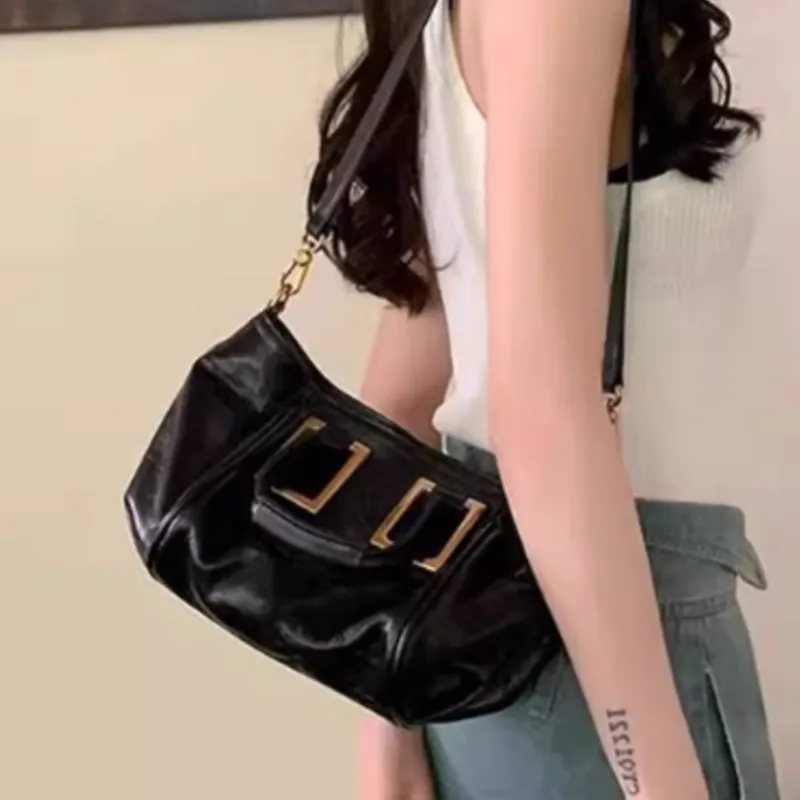 Vintage Black Handbag Women PU Waxed Leather Pleated Large Capacity Shoulder Bag Ladies Premium Luxury Design Crossbody Bag 2025
