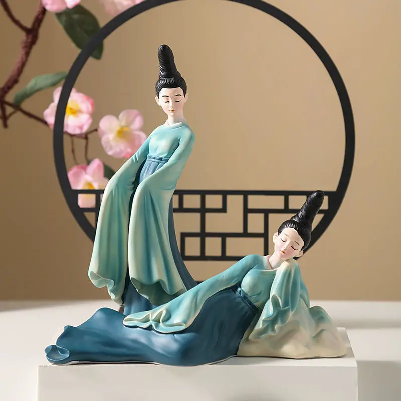 

Chinese Green Classical Beauty Resin Ornaments Art Store Study Room Figurines Crafts Home Cabinet Bookshelf Sculpture Decoration