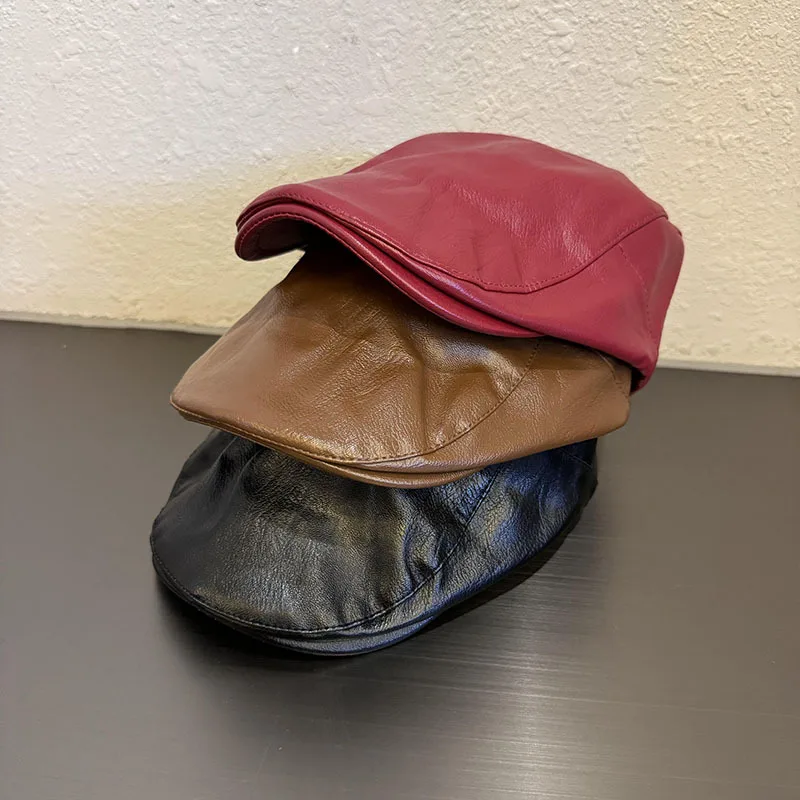pu leather black beret baseball cap